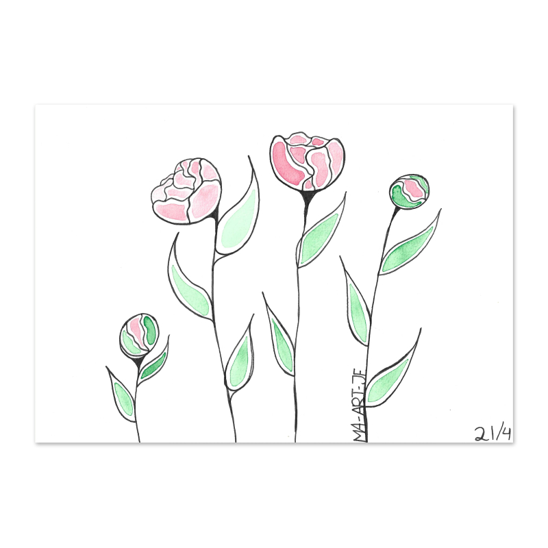 Originele aquarel tekening Pioenrozen | Handgemaakt door Maartje | A4 zuurvrij papier 250 grams