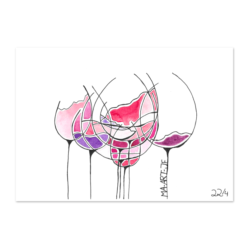 Originele aquarel tekening Wijnglazen | Handgemaakt door Maartje | A4 zuurvrij papier 250 grams